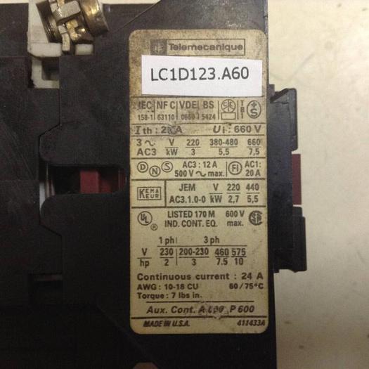 Used TELEMECANIQUE Contactor LC1D123A60 #85684