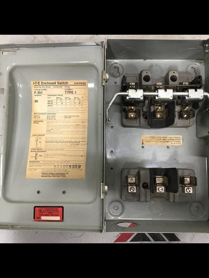 Used SIEMENS 30 Amp ITE Heavy Duty Vacu-Break F-351 USED