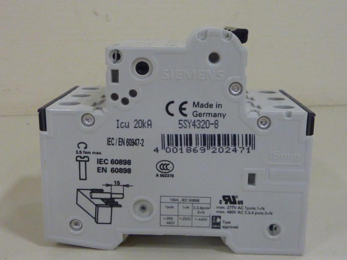Used SIEMENS 20 Amp Circuit Breaker 5SY4320-8 #46942