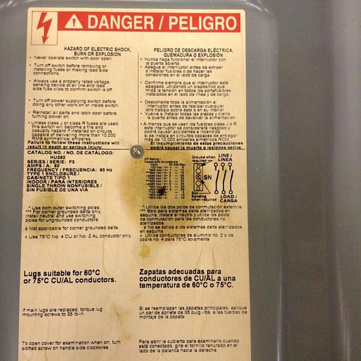 Used SQUARE D 60 Amp Safety Switch HU362 #69715
