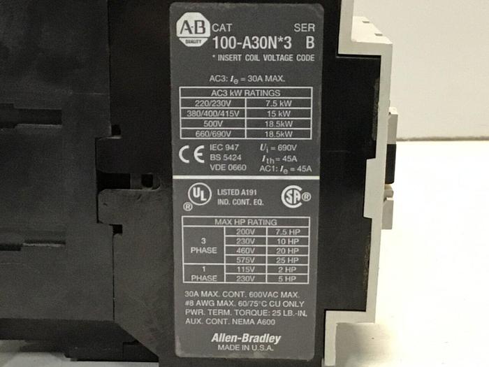 Used ALLEN BRADLEY Contactor 100-A30N.3 SER B #120075