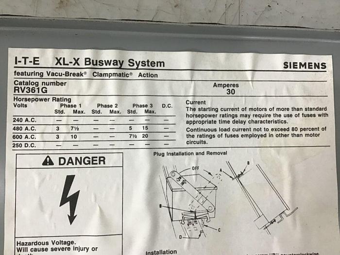 Used ITE SIEMENS 30 Amp Bus Disconnect Switch RV361G #137249