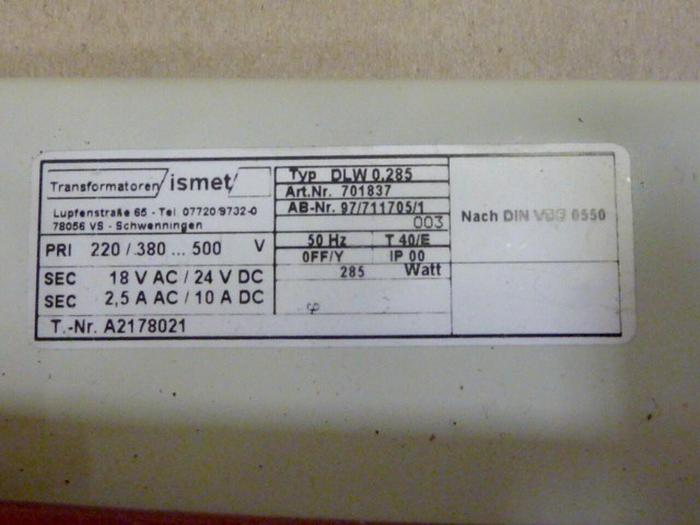 Used ISMET Transformer DLW 0.285 #65629