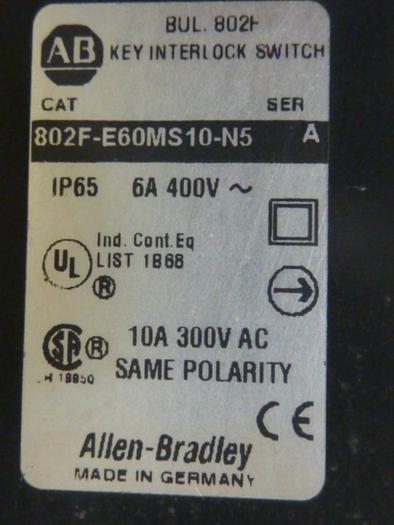 Used ALLEN BRADLEY Key Interlock Switch 802F-E60MS10-N5 SER A #50198