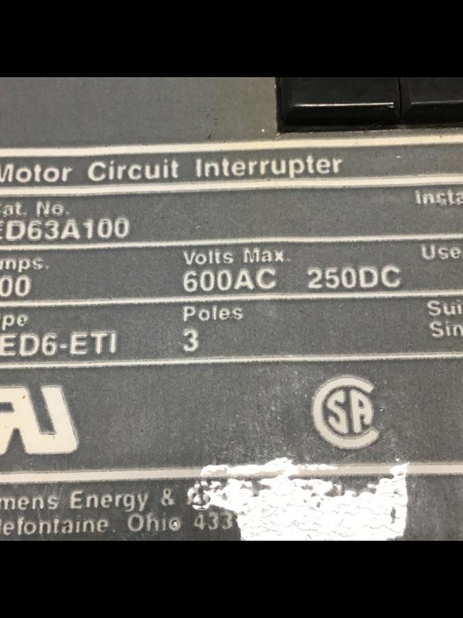 Used SIEMENS 100 Amp Circuit Breaker ED63A100 USED