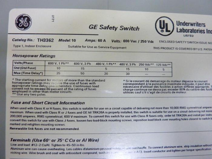 Used GENERAL ELECTRIC / GE 60 Amp Safety Disconnect Switch TH3362 #101859
