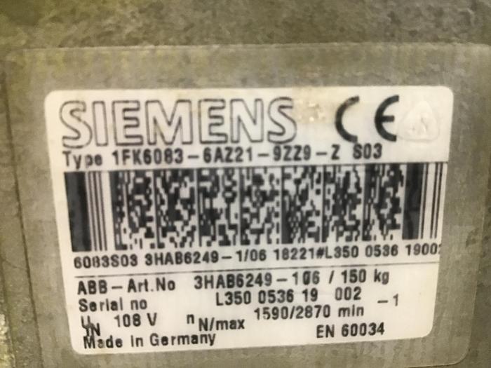 Used SIEMENS Motor 1FK6083-6AZ21-9ZZ9-Z S03 Used #132125