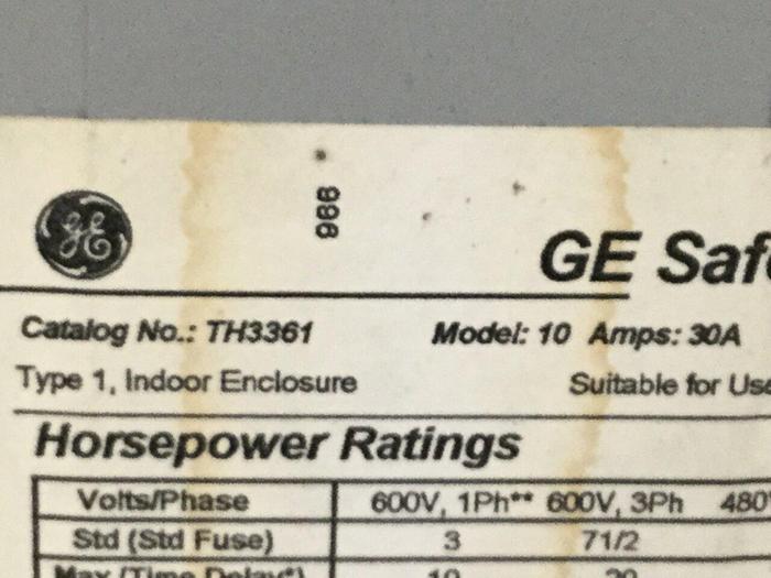 Used GENERAL ELECTRIC / GE 30 Amp Safety Switch TH3361 #107036