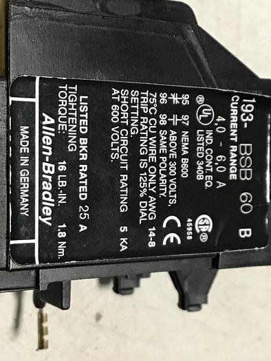 Used ALLEN BRADLEY Overload Relay 193-BSB 60 SER B #51214
