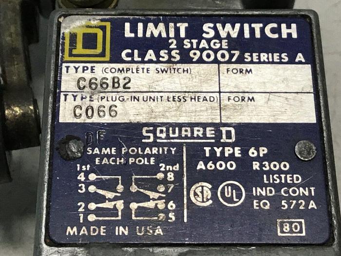 Used SQUARE D Limit Switch 9007-C66B2 #122107