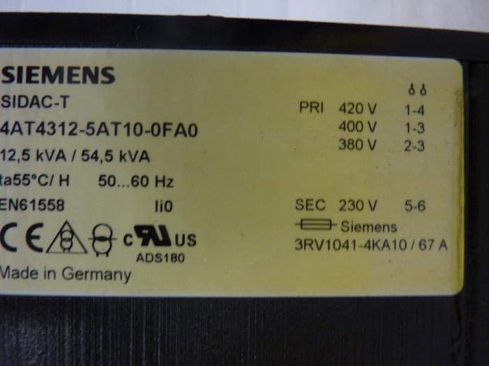 Used SIEMENS 12.5 kVA / 54.5 kVA Control Transformer 4AT4312-5AT10-0FA0 #46224