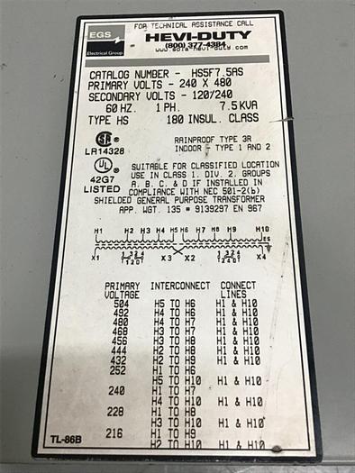 Used EGS 7.5 kVA Transformer HS5F7.5AS #133803