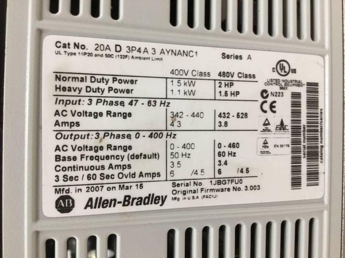 Used ALLEN BRADLEY Powerflex 70 Module 20AD3P4A3AYNANC1 #92774