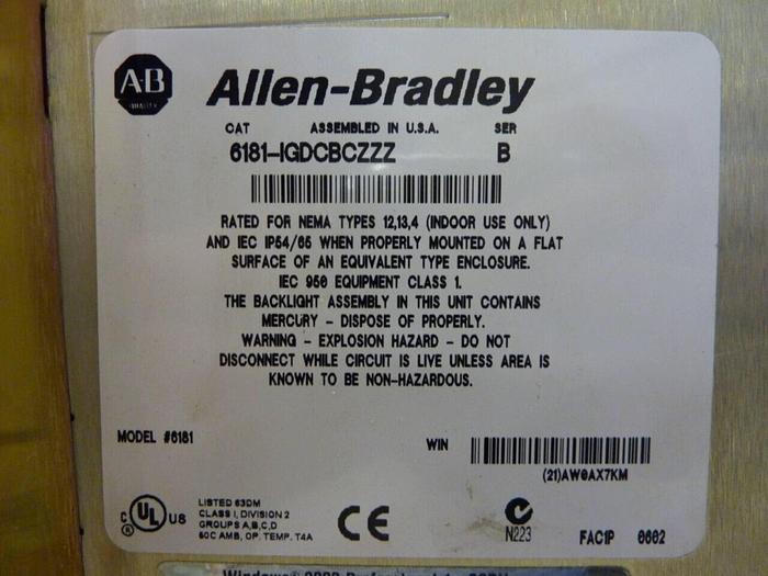 Used ALLEN BRADLEY Operator Interface 6181-IGDCBCZZZ SER B Used