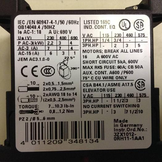 Used SIEMENS Contactor 3RT1 015-1AP61 #87018