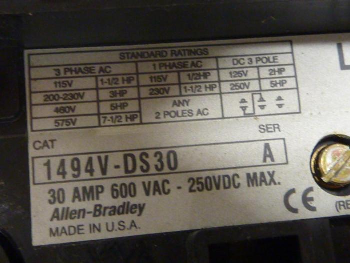 Used ALLEN BRADLEY 30 Amp Disconnect Switch 1494V-DS30 SER A #57405