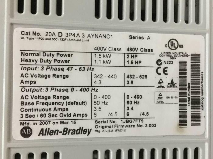 Used ALLEN BRADLEY Powerflex 70 Controller 20AD3P4A3AYNANC1 SER A #92902