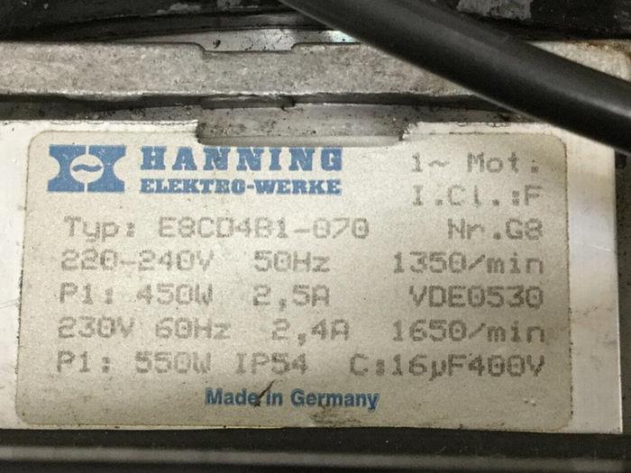 Used HANNING ELEKTRO-WERKE Motor w/ Vacuum Pump E8CD4B1-070 Used