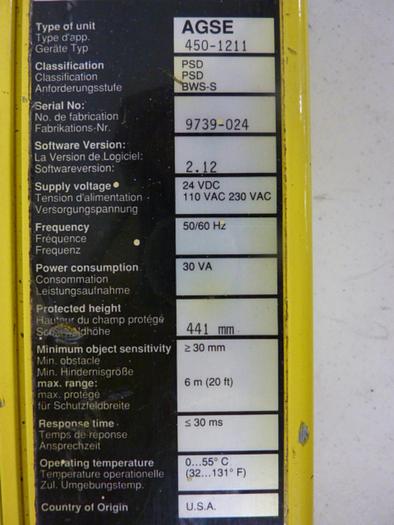 Used SICK OPTIC ELECTRONIC Light Curtain Receiver AGSE 450-1211 #51343