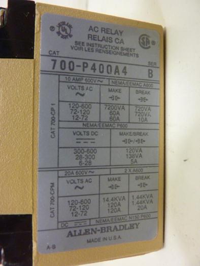 Used ALLEN BRADLEY AC Relay 700-P400A4 SER B #93020