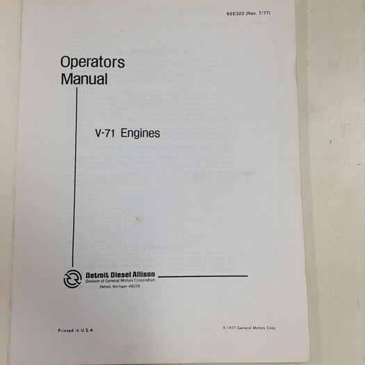 Used DETROIT DIESEL V-71 Operators Manual 6SE323 #70976