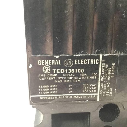 Used GENERAL ELECTRIC / GE 100 Amp Circuit Breaker TED136100 #93891