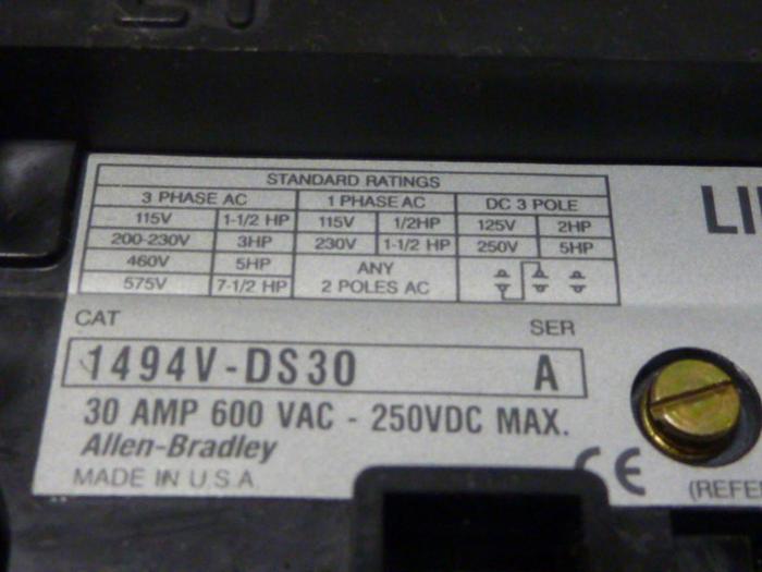 Used ALLEN BRADLEY 30 Amp Disconnect Switch 1494V-DS30 SER A #57408