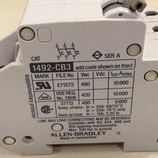 Used ALLEN BRADLEY 20 Amp Circuit Breaker 1492-CB3/G200 SER A #78382