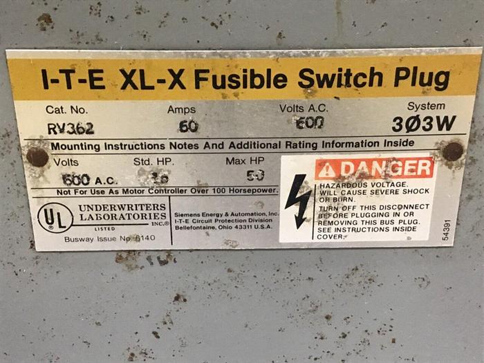 Used SIEMENS 60 Amp Buss Plug RV362 #137251