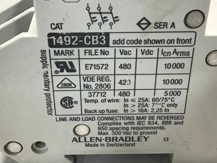 Used ALLEN BRADLEY 20 Amp Circuit Breaker 1492-CB3/G200 SER A #119617