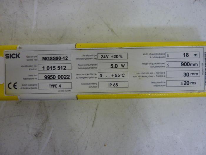 Used SICK OPTIC ELECTRONIC Light Curtain Sender MGSS90-12 #50935