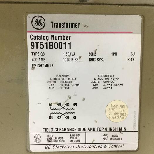 Used GENERAL ELECTRIC / GE 1.50 kVA Transformer 9T51B0011 #91176
