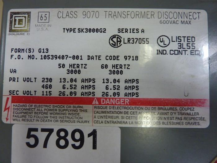 Used SQUARE D Transformer Disconnect 9070-SK3000G2 #57891