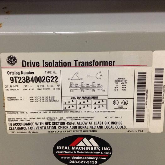 Used GENERAL ELECTRIC 27 kVA Transformer 9T23B4002G22 Used
