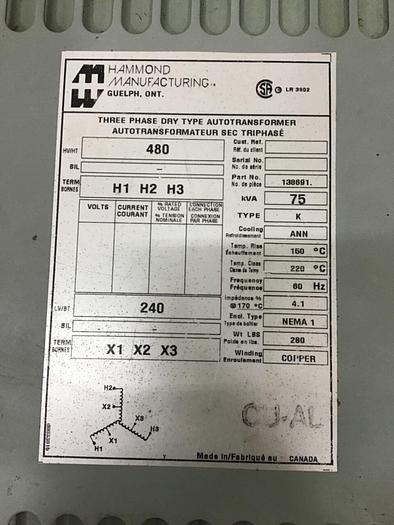 Used HAMMOND 75 kVA AutoTransformer 138691 Used