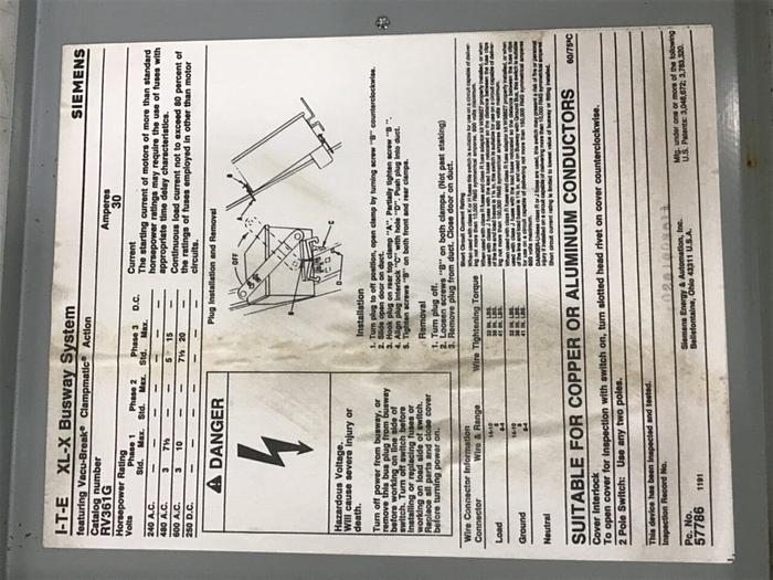 Used ITE SIEMENS 30 Amp Bus Disconnect Switch RV361G #137239