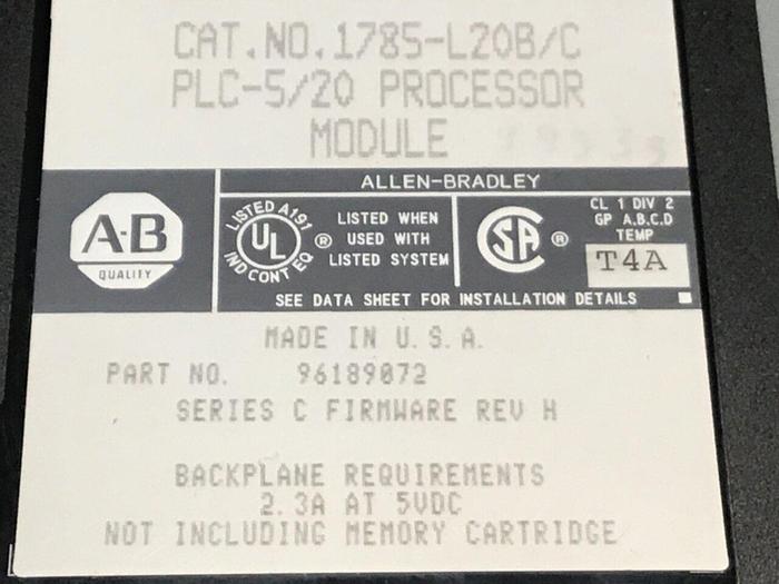 Used ALLEN BRADLEY Processor Module 1785-L20B SER C #128925