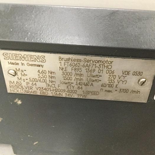 Used SIEMENS Brushless Servo Motor 1FT6062-6AF71-3TH0 Used