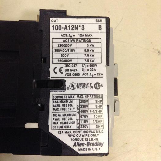 Used ALLEN BRADLEY Contactor 100-A12N.3 SER B #76170