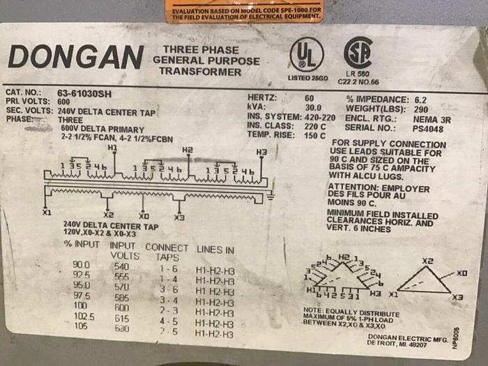 Used DONGAN 30 kVA Transformer 63-61030SH Used