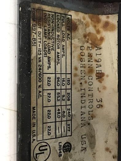 Used PENN CONTROLS Thermostat A19HBA-36 #119492
