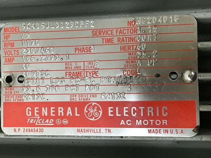 Used GENERAL ELECTRIC 75 HP Motor 5K405JL3029CPF2 Used