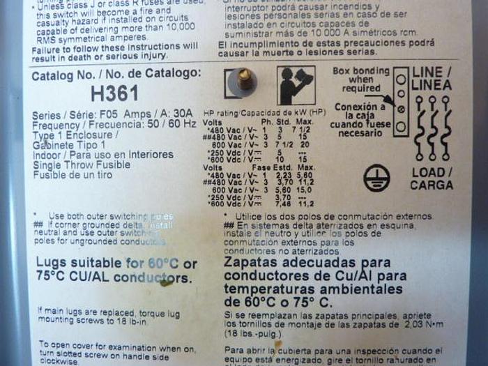 Used SQUARE D 30 Amp Safety Disconnect Switch H-361 #41705