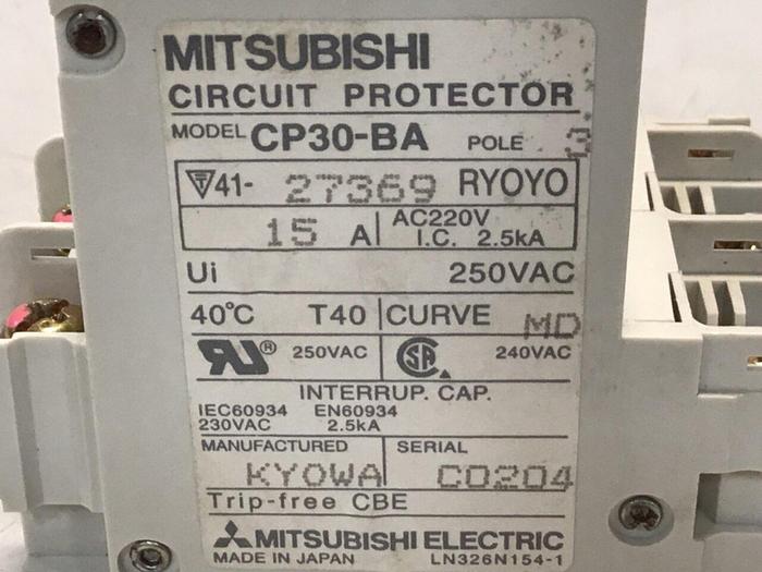 Used MITSUBISHI 15 Amp Circuit Protector CP30-BA-3P-15A Used