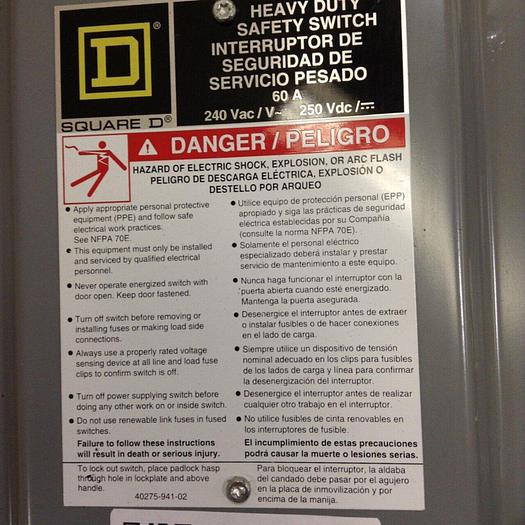 Used SQUARE D 60 Amp Safety Switch H322N #74688