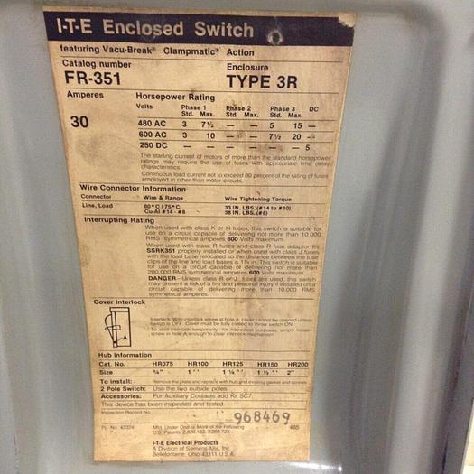 Used ITE SIEMENS 30 Amp Safety Disconnect Switch FR-351 #69274