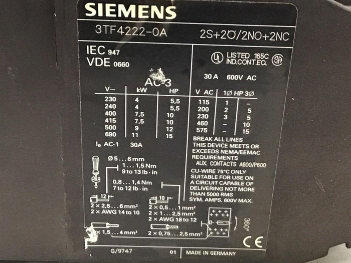 Used SIEMENS Contactor 3TF4222-0A #124005