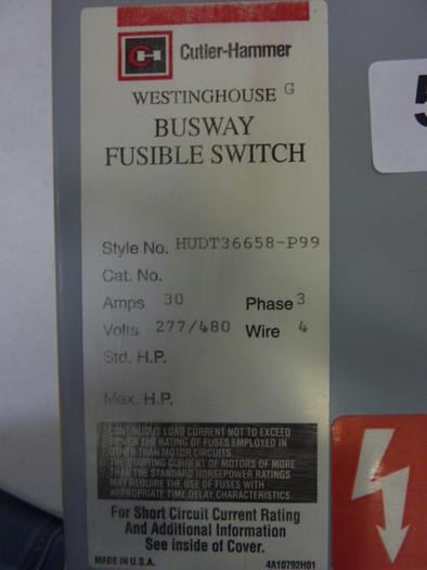 Used CUTLER HAMMER 30 Amp Bus Disconnect Switch HUDT36658-P99 #55360