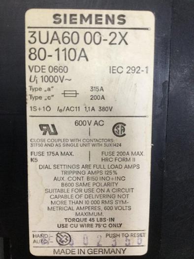 Used SIEMENS Overload Relay 3UA60 00-2X 80-110A #101776