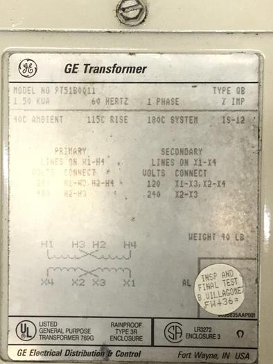 Used GENERAL ELECTRIC / GE 1.50 kVA Transformer 9T51B0011 #107830